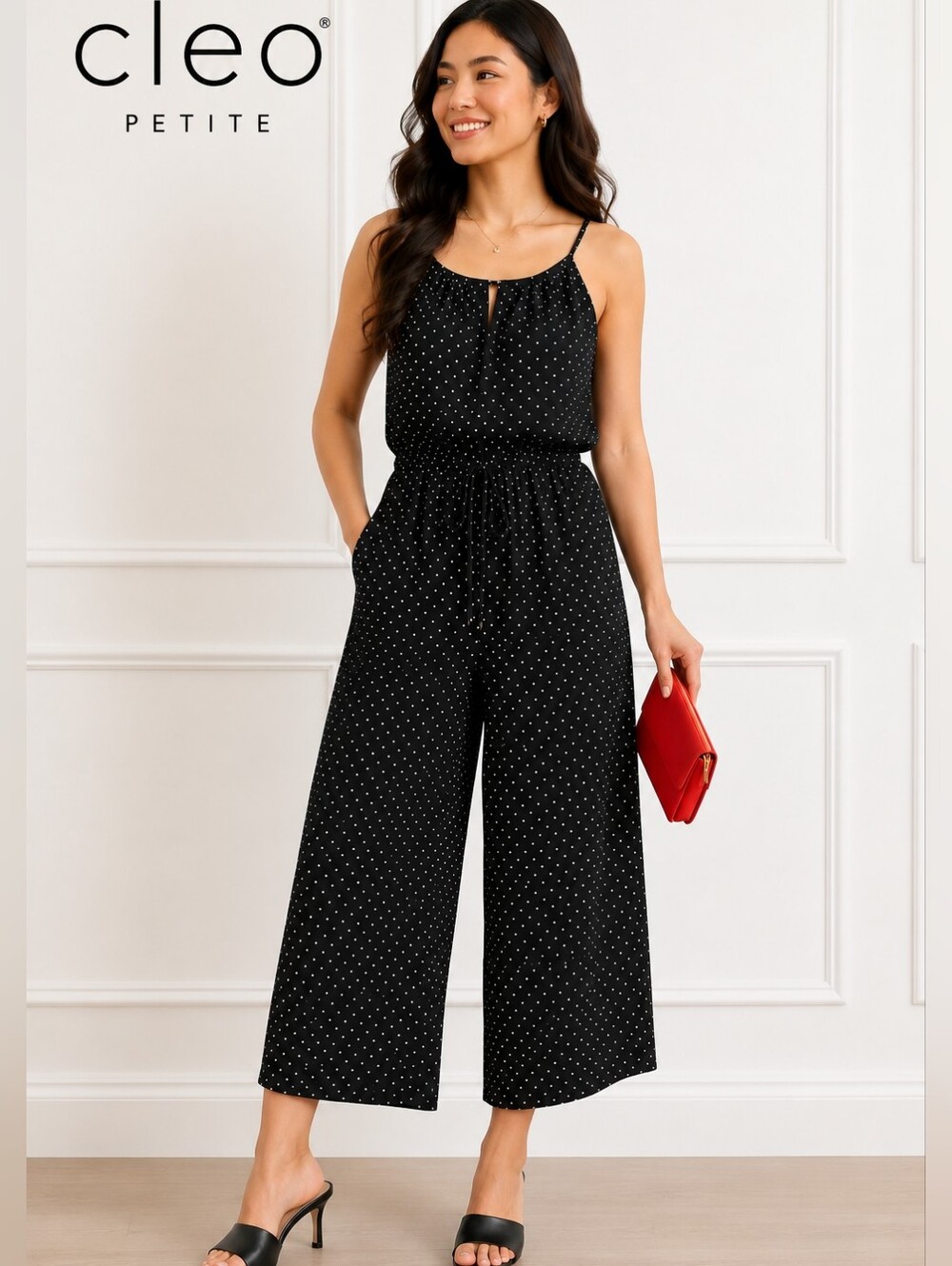 CLEO Swiss Dot Jumpsuit Cropped Leg Halter Style Neckline Sz M PETITE